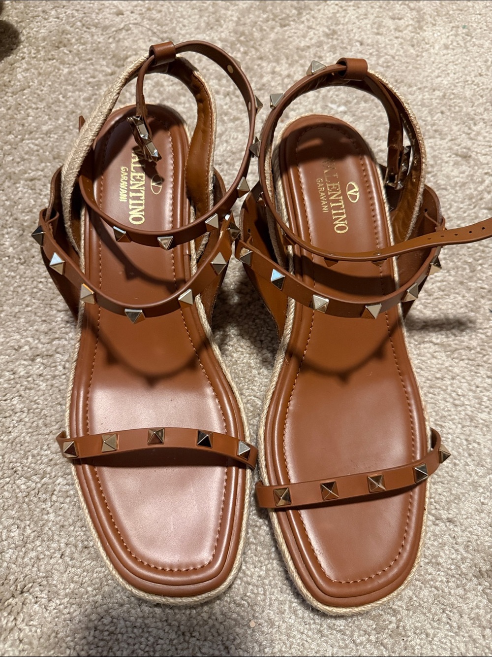 Valentino Garavani Tan Brown Rockstud Strap Sandals